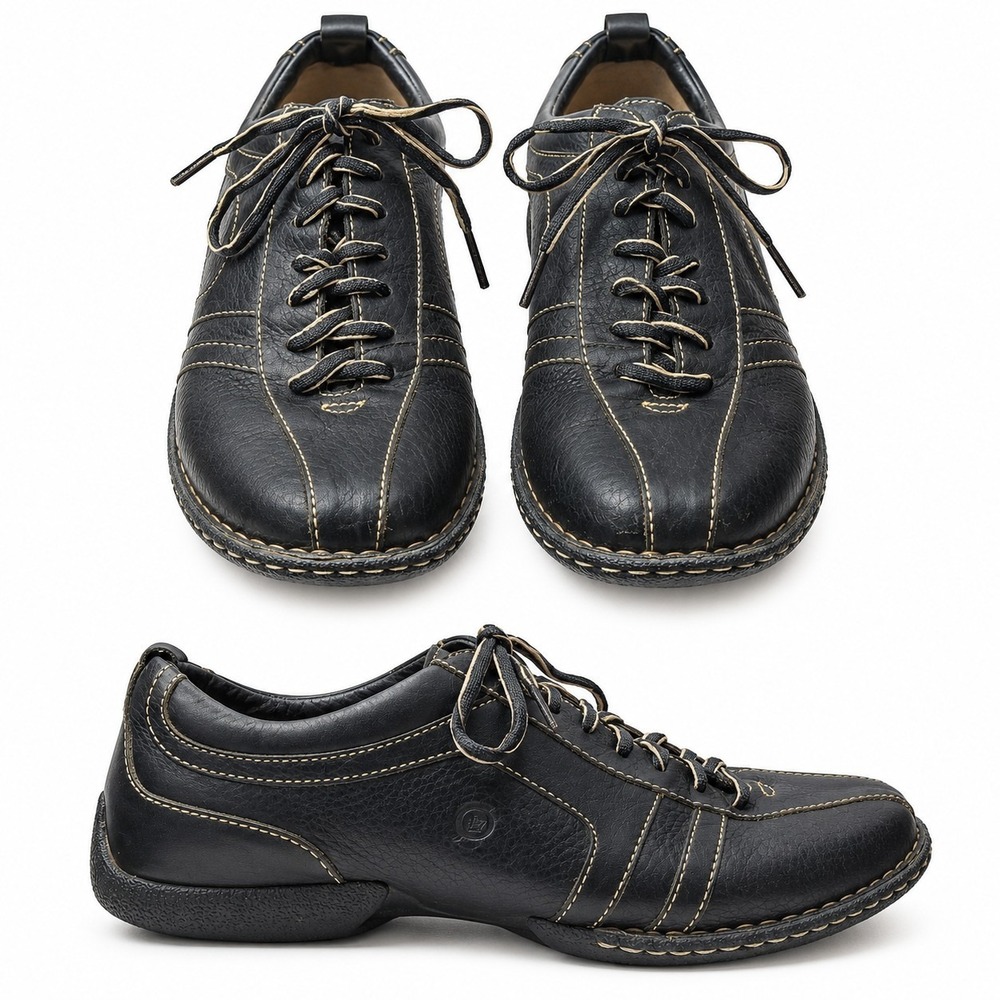 BORN Vtg Style Bicycle-Toe Oxford Mens Sz EU/46 US/12 Black Leather Ivory Stitch